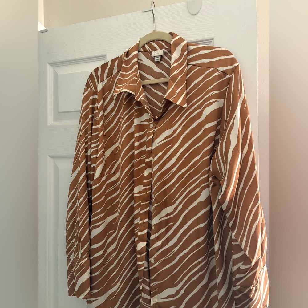 Brown and White Zebra Print Button-Up Shirt
